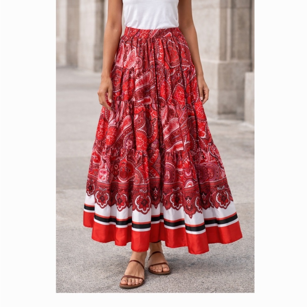 Lauren Ralph Lauren Red Paisley Print Maxi Skirt